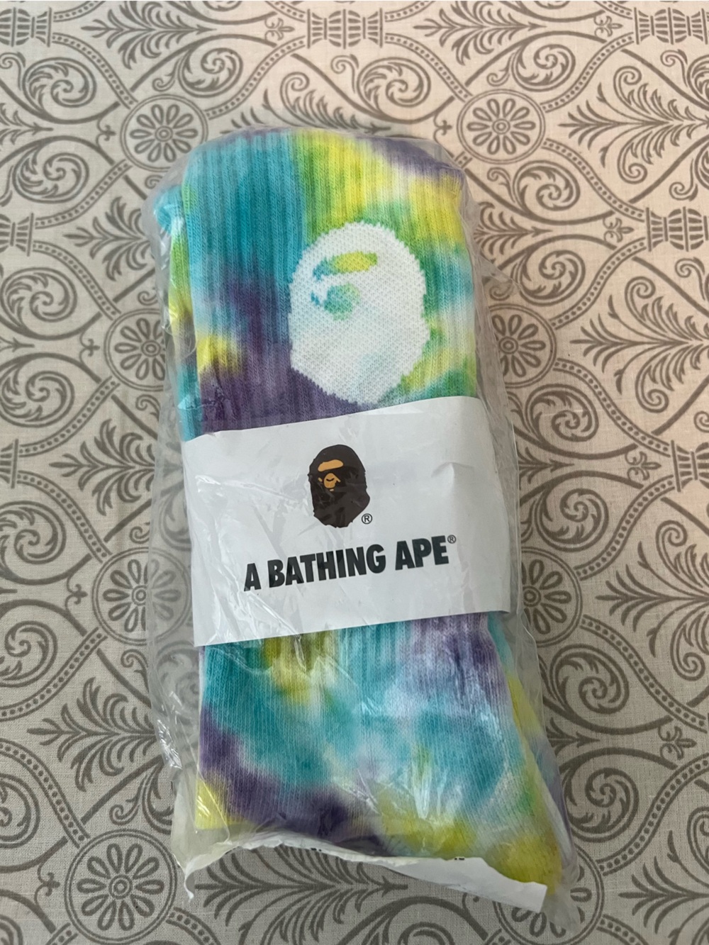 Bape Tie-Dye Crew Socks — Teal, Yellow & Purple